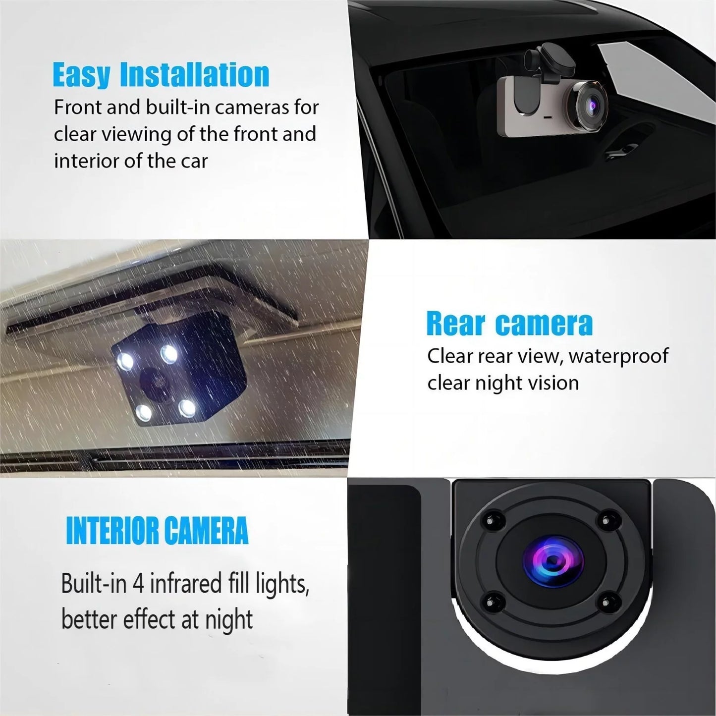 1080P Triple Channel Dash Camera for Vehicles with Superior Night Vision, Parking Monitoring, Loop Recording, and 32GB SD Card Included