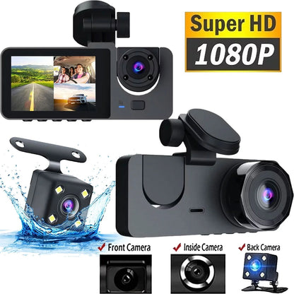 1080P Triple Channel Dash Camera for Vehicles with Superior Night Vision, Parking Monitoring, Loop Recording, and 32GB SD Card Included