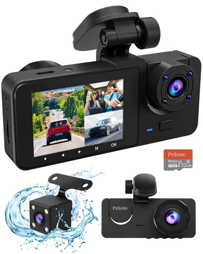1080P Triple Channel Dash Camera for Vehicles with Superior Night Vision, Parking Monitoring, Loop Recording, and 32GB SD Card Included