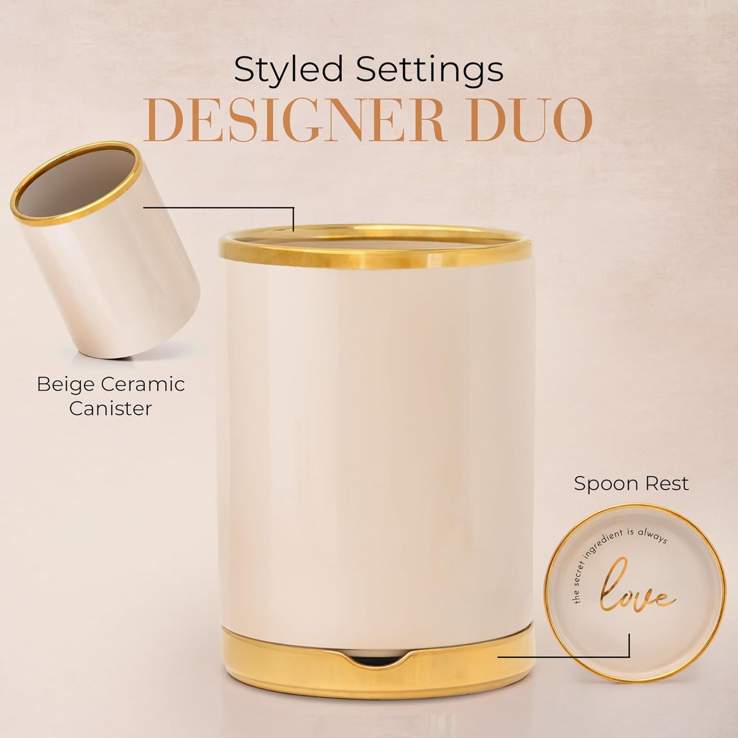 Beige Utensil Holder - Large Ceramic Utensil Crock for Kitchen Counter – Stylish Cooking Utensil Storage & Gold Spoon Rest – Kitchen Organization & Farmhouse Décor