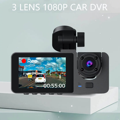 1080P Triple Channel Dash Camera for Vehicles with Superior Night Vision, Parking Monitoring, Loop Recording, and 32GB SD Card Included