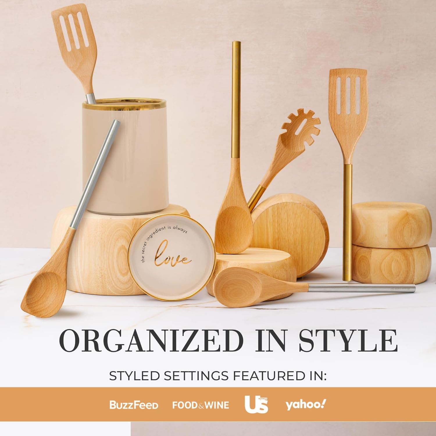 Beige Utensil Holder - Large Ceramic Utensil Crock for Kitchen Counter – Stylish Cooking Utensil Storage & Gold Spoon Rest – Kitchen Organization & Farmhouse Décor