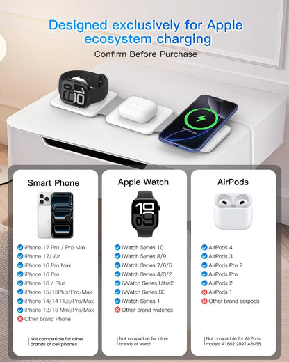 Magnetic Wireless Charging Station: 3-in-1 Foldable Charger for iPhone 17, 16, 15, 14, 13, 12 Pro Max and AirPods, Perfect for Travel