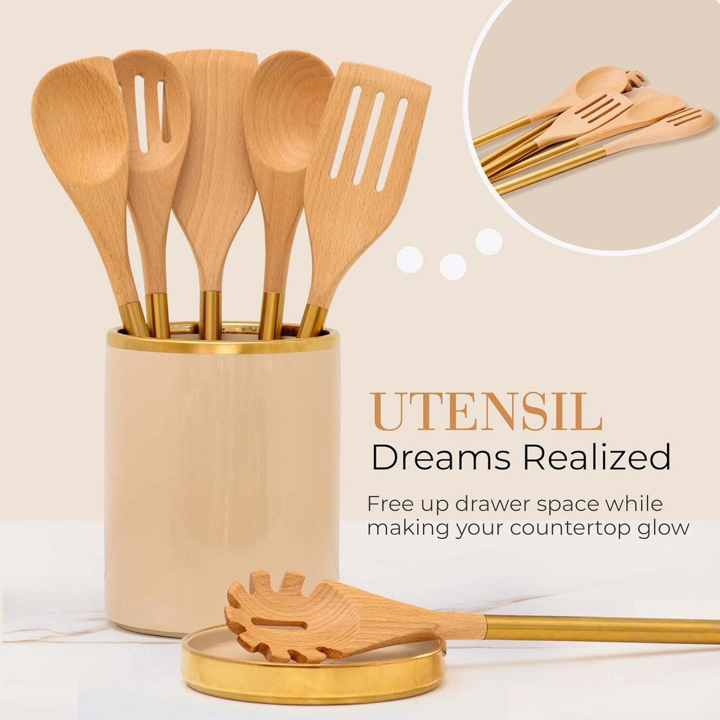 Beige Utensil Holder - Large Ceramic Utensil Crock for Kitchen Counter – Stylish Cooking Utensil Storage & Gold Spoon Rest – Kitchen Organization & Farmhouse Décor