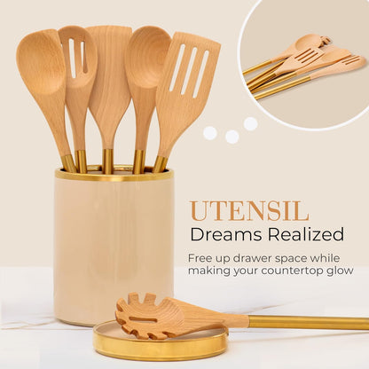 Beige Utensil Holder - Large Ceramic Utensil Crock for Kitchen Counter – Stylish Cooking Utensil Storage & Gold Spoon Rest – Kitchen Organization & Farmhouse Décor